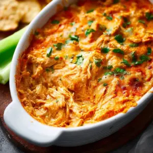Dairy-free buffalo chicken dip served in a bowl with fresh veggies