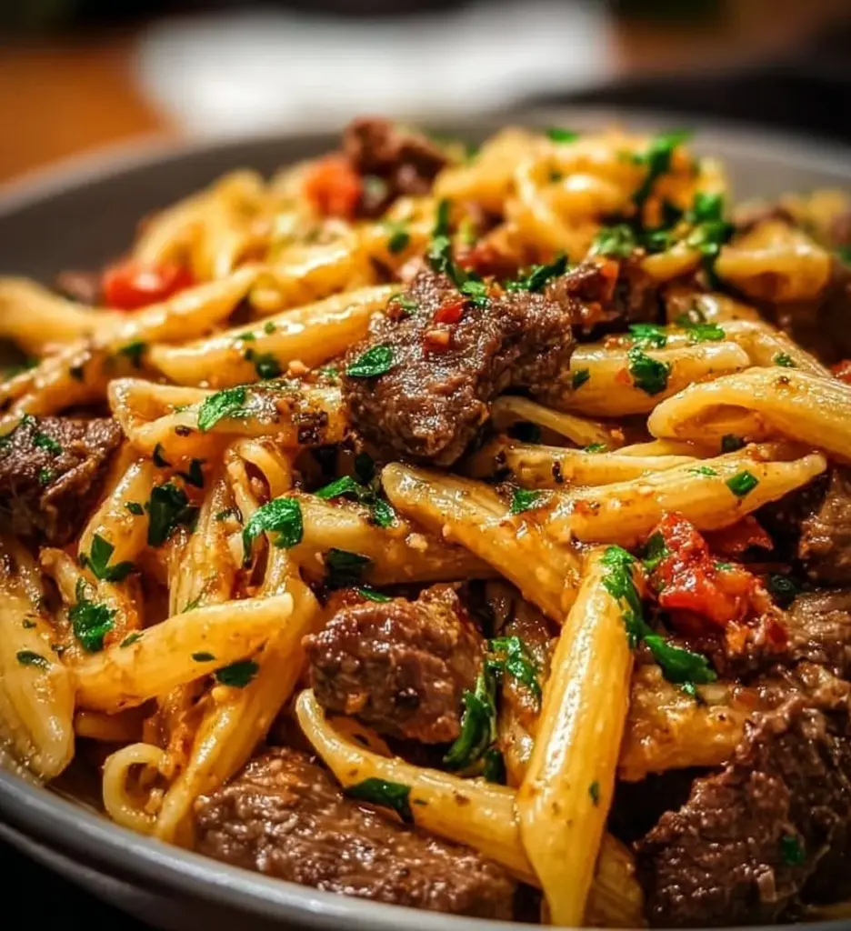 A delicious plate of garlic beef pasta garnished with fresh herbs.