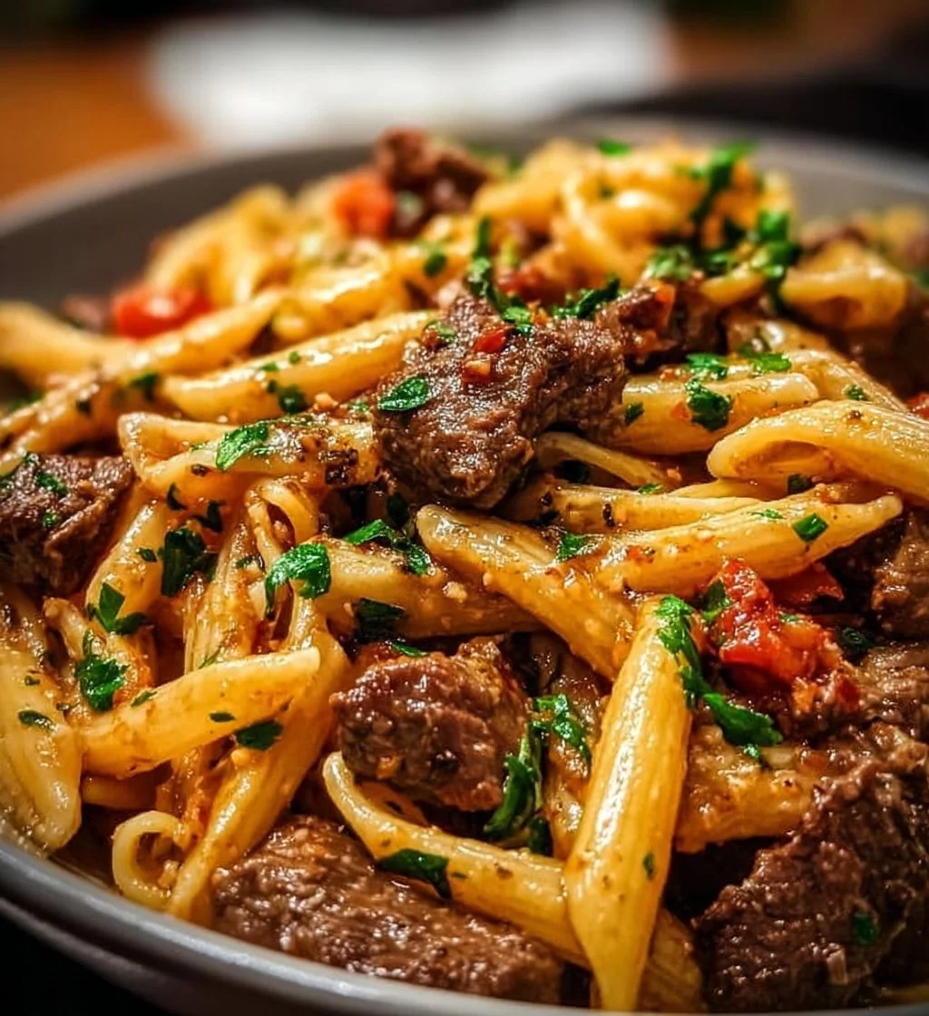 A delicious plate of garlic beef pasta garnished with fresh herbs.