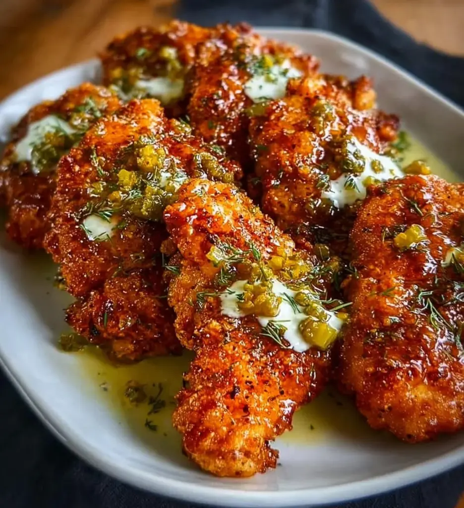 Dill Pickle Parmesan Chicken dish with crispy breading and dill flavor