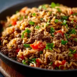 A plate of Dirty Rice with Ground Beef garnished with green onions and herbs.