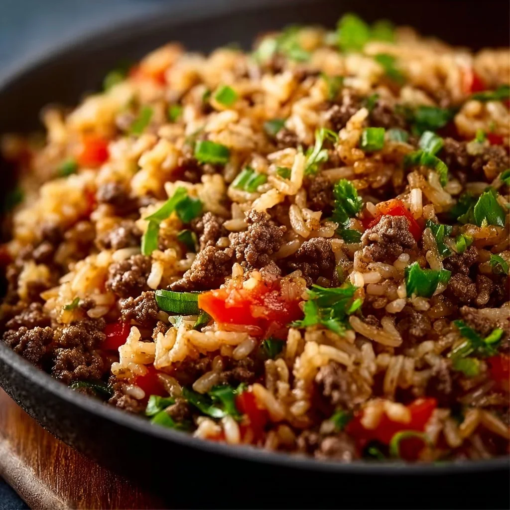 A plate of Dirty Rice with Ground Beef garnished with green onions and herbs.