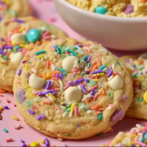 Colorful Easter cookies shaped like bunnies and eggs