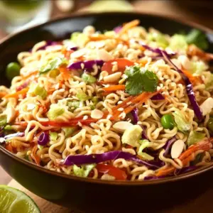 Bowl of easy Asian ramen noodle salad with colorful vegetables and dressing