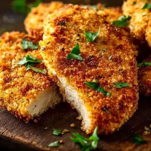 Crispy and juicy easy breaded chicken breasts on a plate