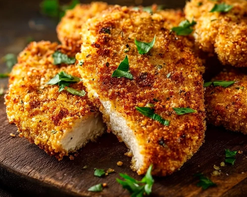Crispy and juicy easy breaded chicken breasts on a plate