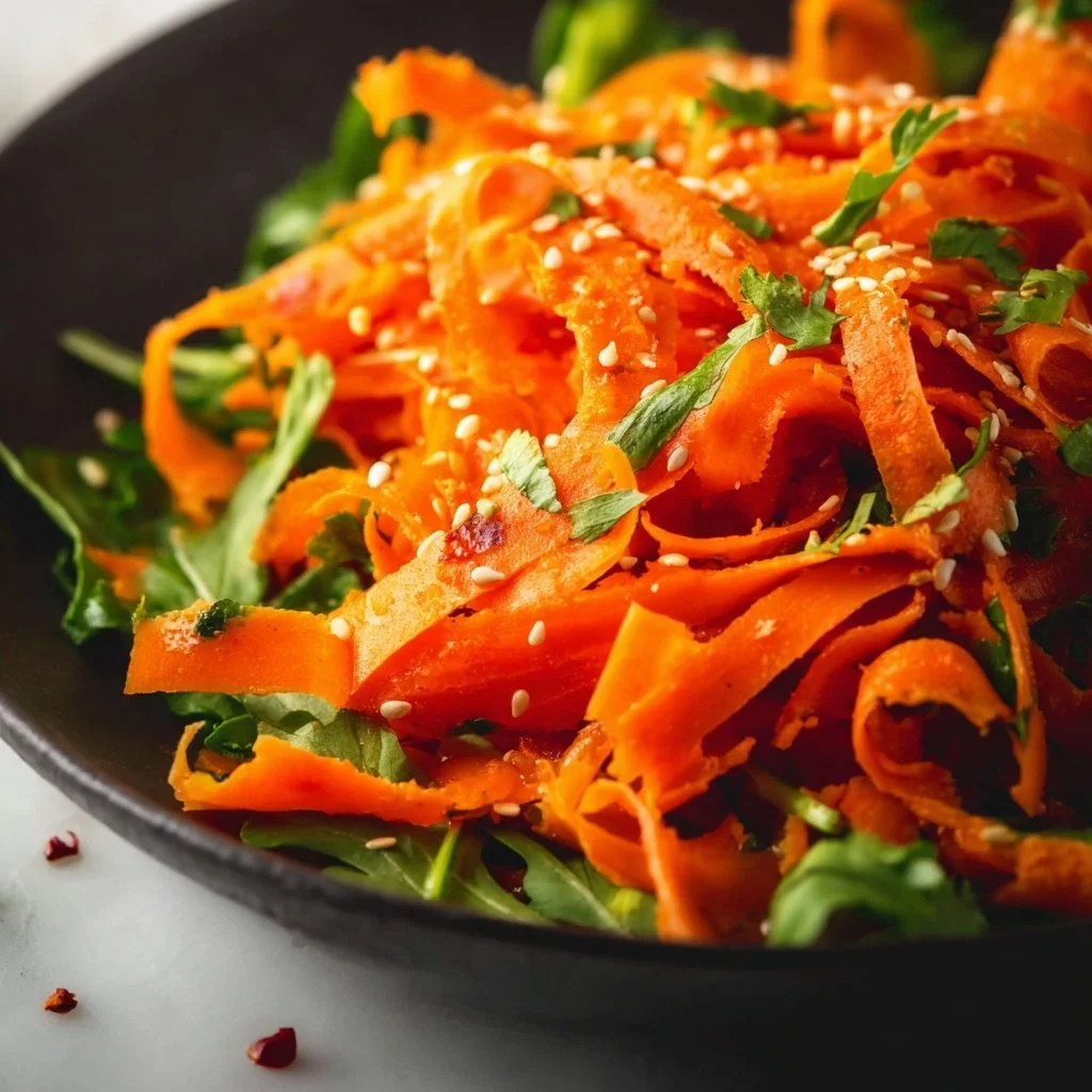 Easy carrot salad topped with Asian dressing, garnished with sesame seeds and herbs.