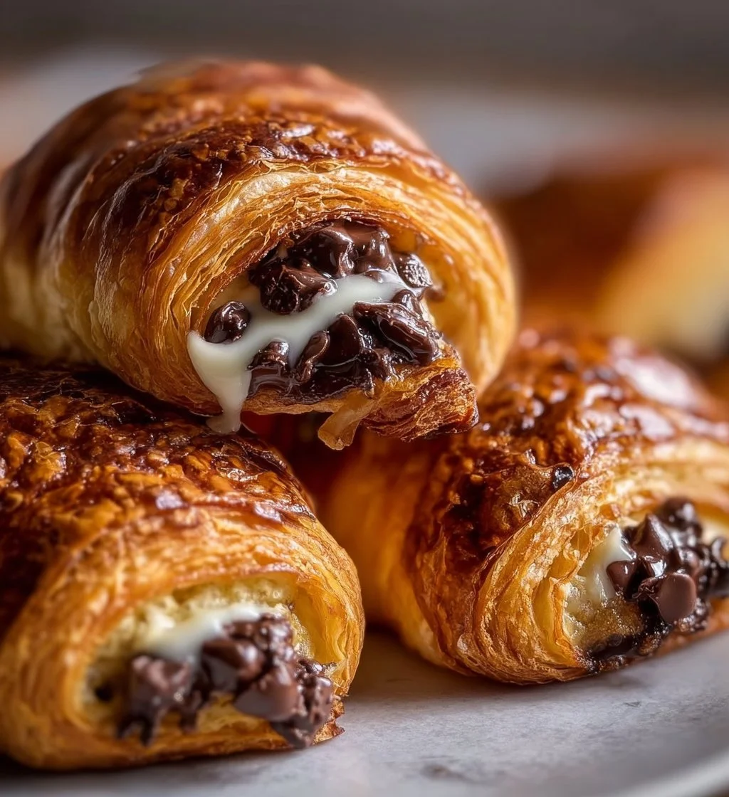 Freshly baked chocolate chip cookie croissants with melty chocolate