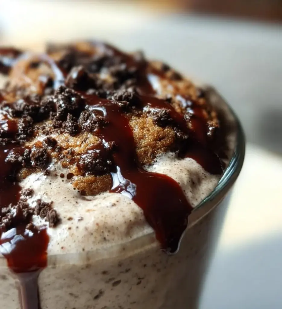 Easy cookies and cream protein shake in a glass with whipped cream on top