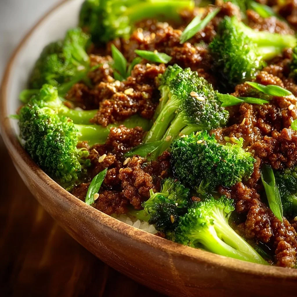 A delicious plate of easy ground beef and broccoli served with rice.