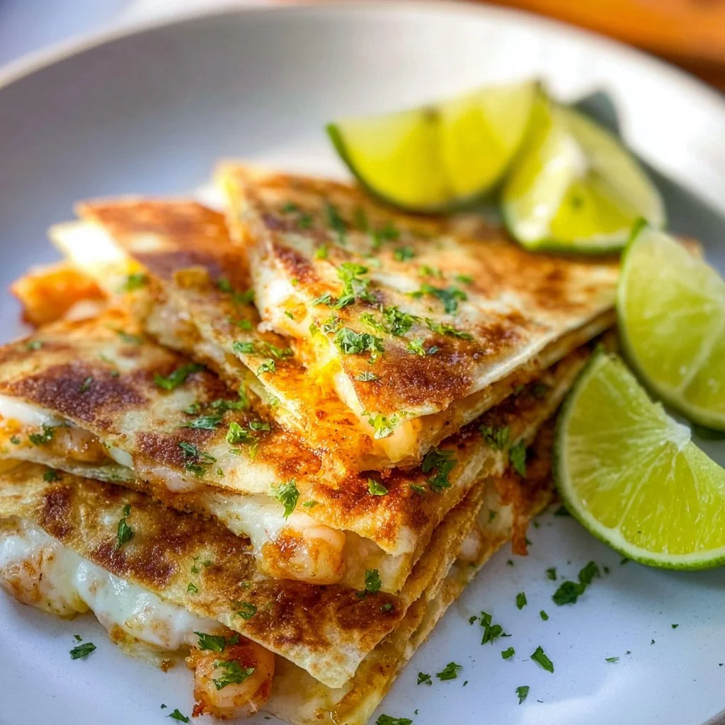 Delicious homemade shrimp quesadilla with colorful vegetables
