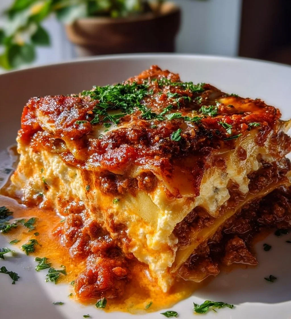 Easy lasagna with cottage cheese served on a plate