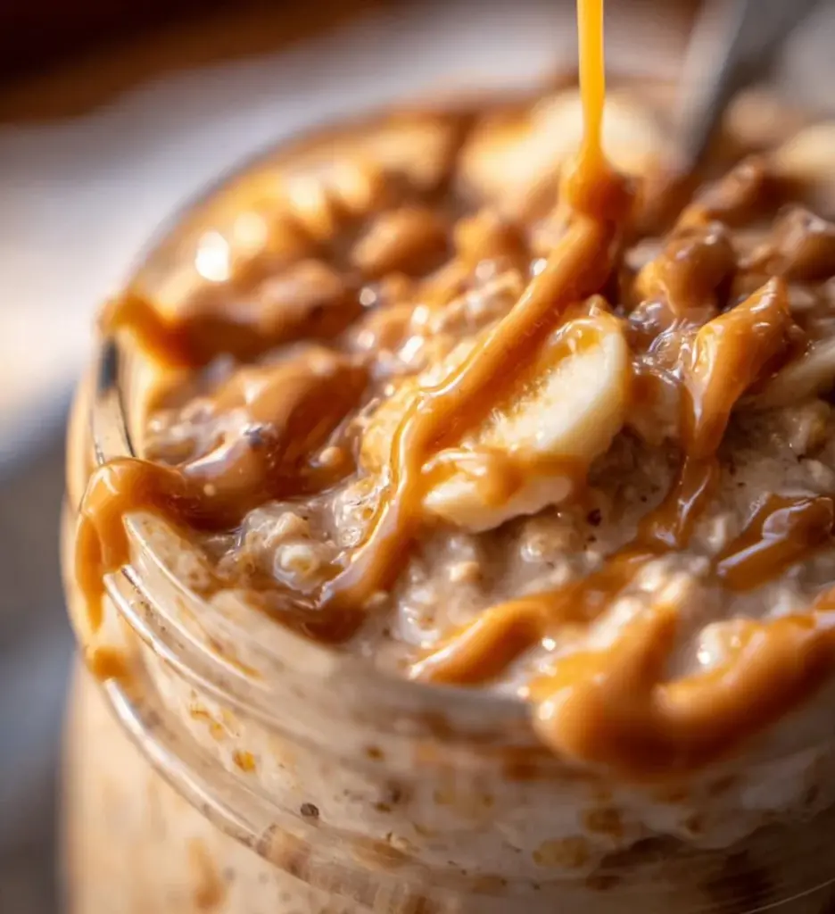 A bowl of easy peanut butter overnight oats topped with banana and chocolate chips