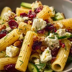 Feta Cranberry Rigatoni Salad drizzled with Lemon Vinaigrette in a bowl.