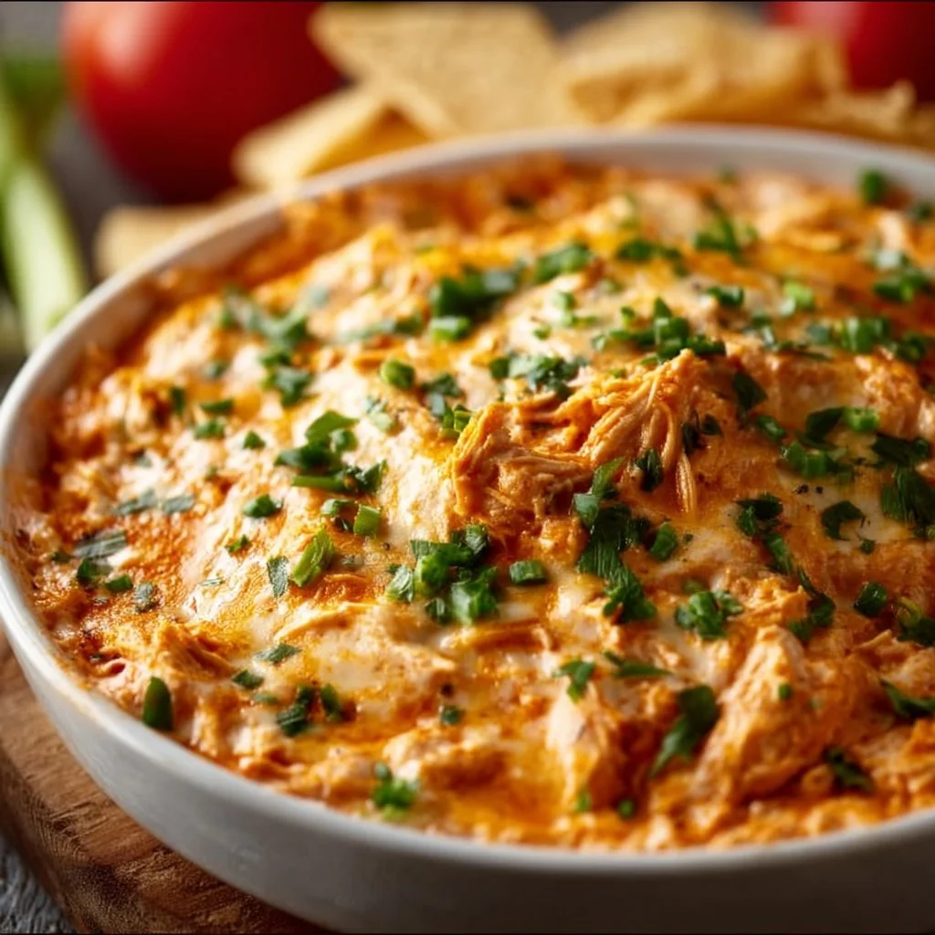 Delicious Franks Buffalo Chicken Dip served in a bowl with chips for dipping