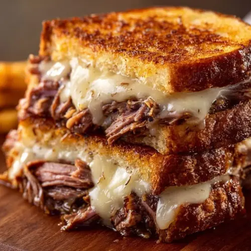 Delicious French Dip Grilled Cheese sandwich with beef and melted cheese