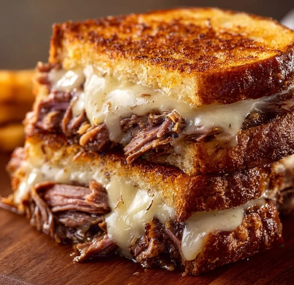 Delicious French Dip Grilled Cheese sandwich with beef and melted cheese