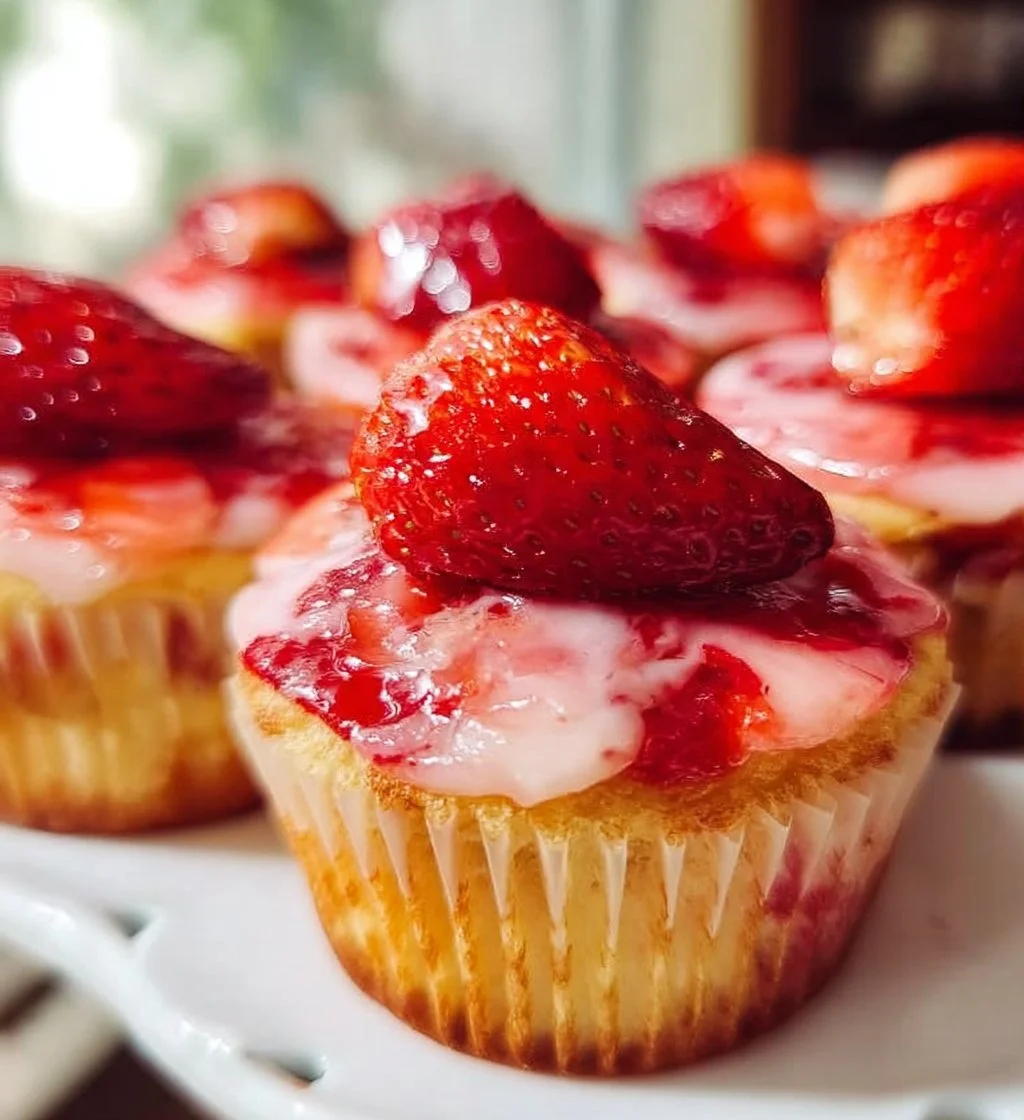 Freshly baked strawberry cupcakes topped with whipped cream and strawberries