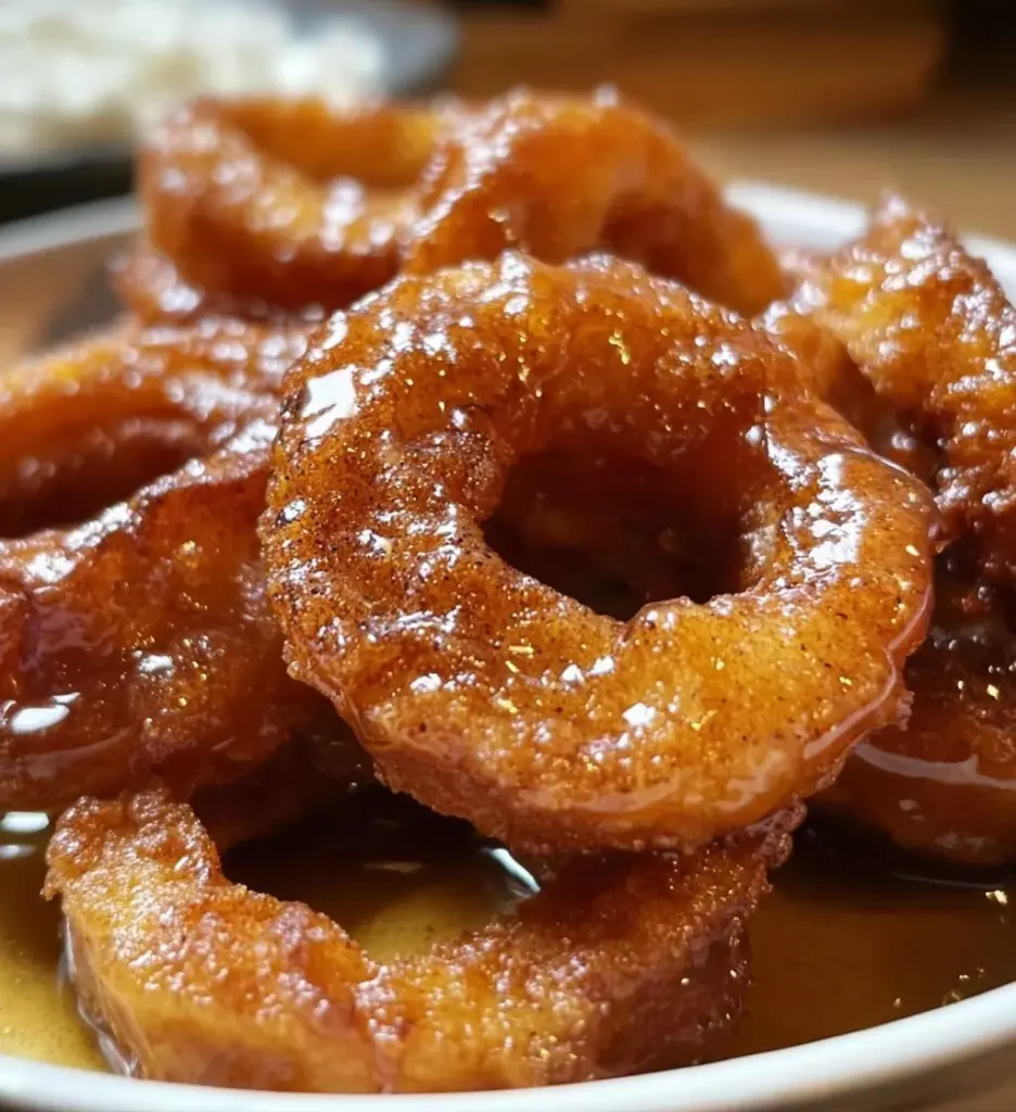 Delicious fried cinnamon apple rings served on a plate, warm and crispy.