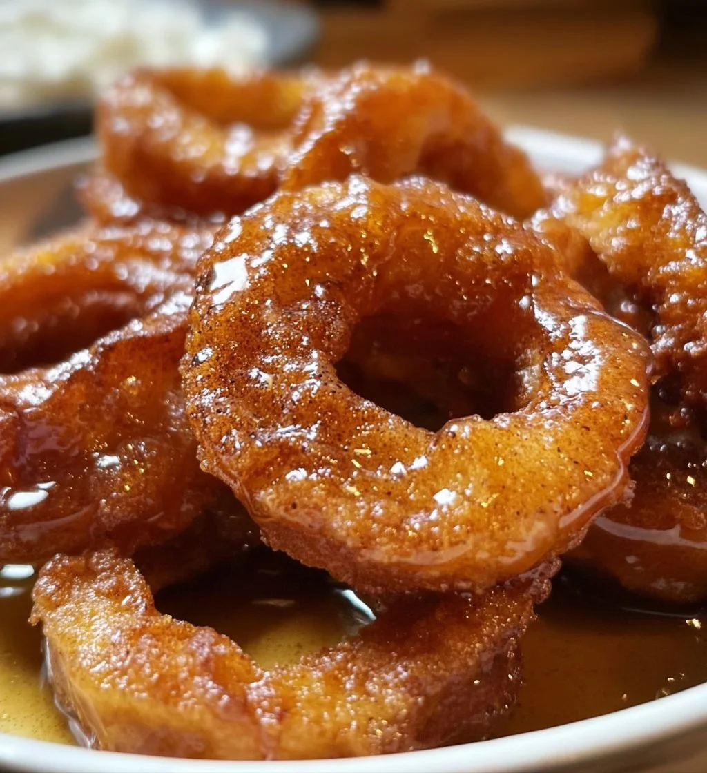 Delicious fried cinnamon apple rings served on a plate, warm and crispy.