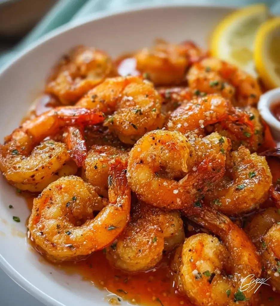 Plate of crispy fried shrimp served with dipping sauce and lemon wedges.