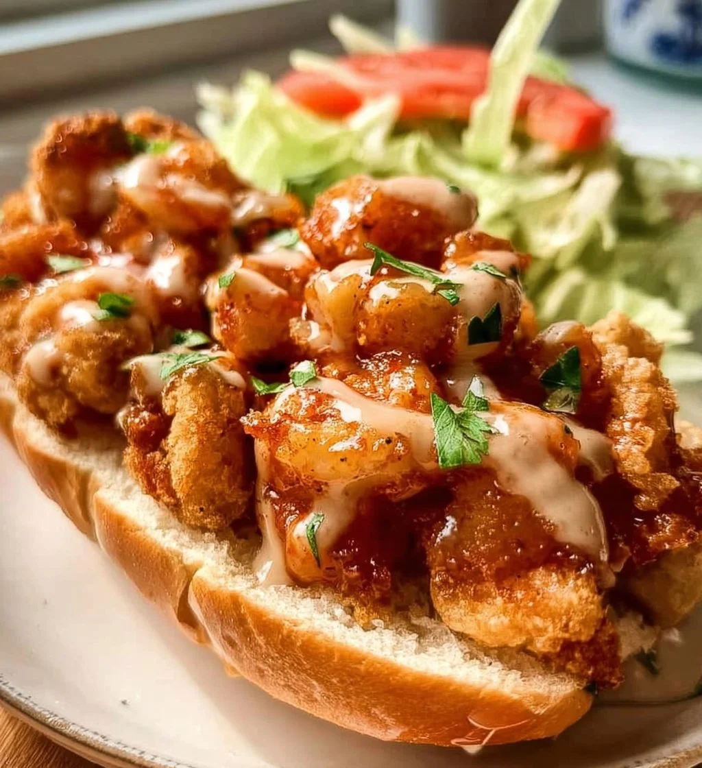 Fried Shrimp PoBoy sandwich with crispy shrimp and toppings in a toasted baguette.
