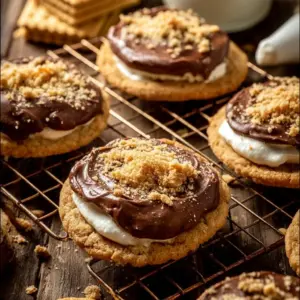 Delicious frosted s'mores cookies with graham cracker crust and chocolate frosting.