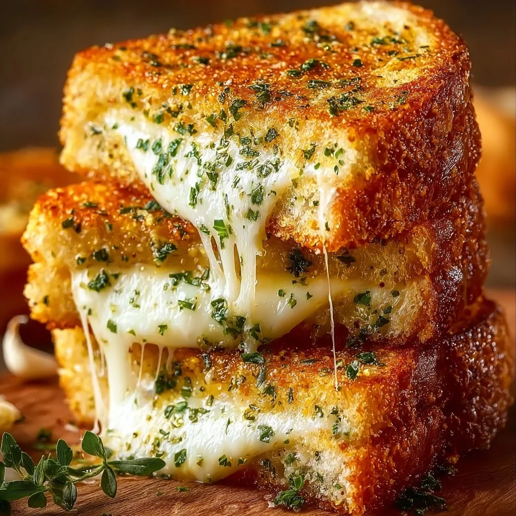 Garlic bread grilled cheese sandwich with melted cheese and crispy edges