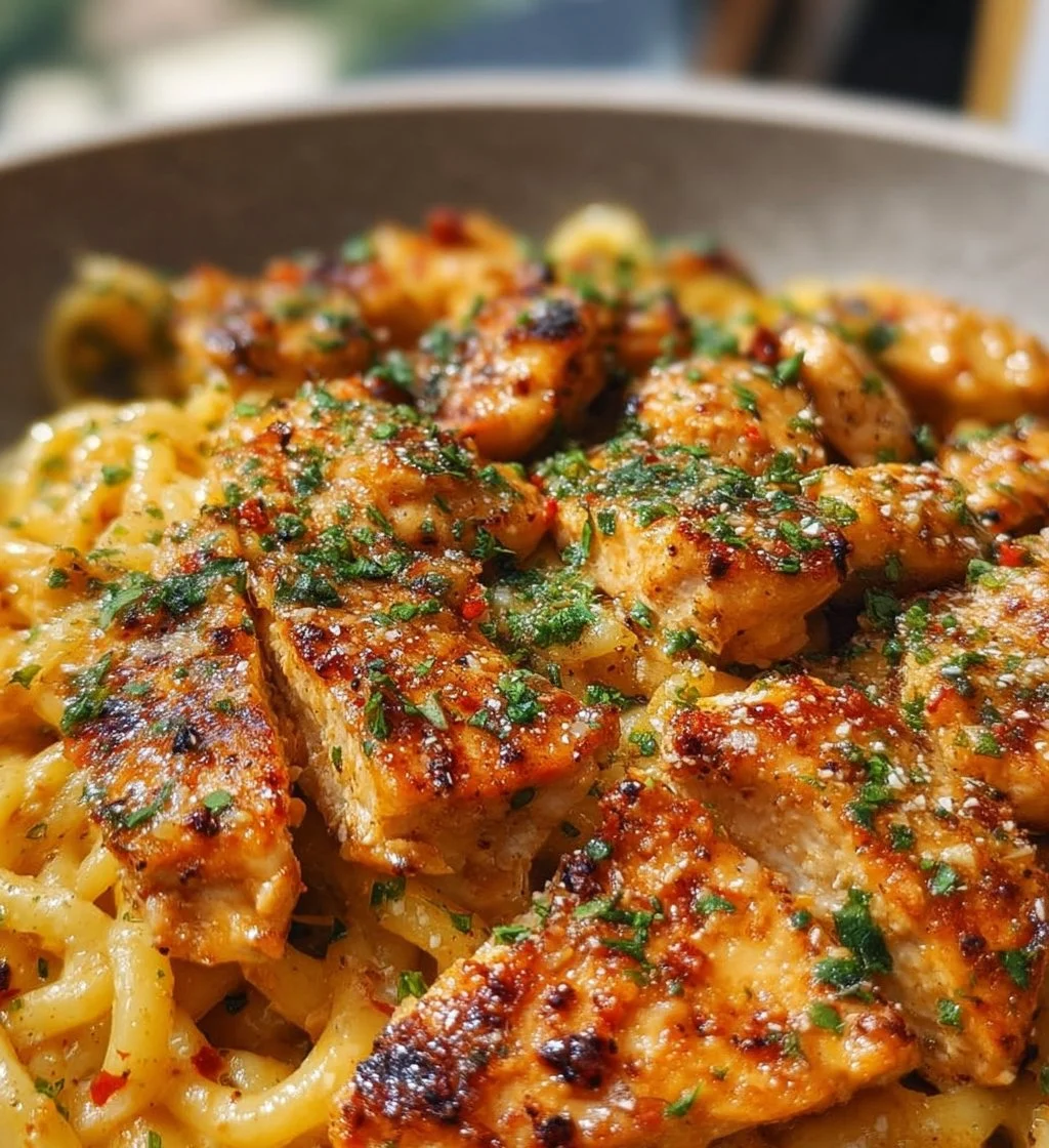 Delicious garlic butter chicken pasta served in a bowl with herbs