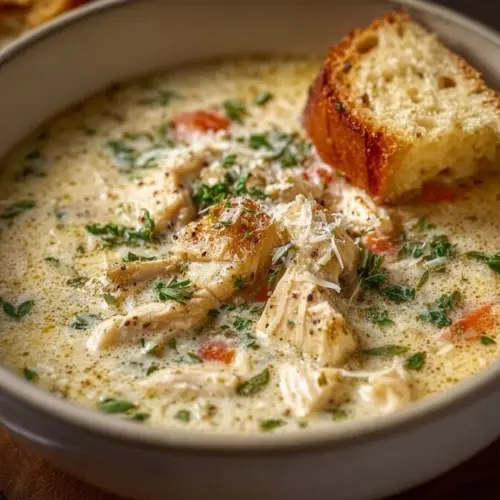 Bowl of Garlic Parmesan Chicken Soup garnished with herbs and cheese