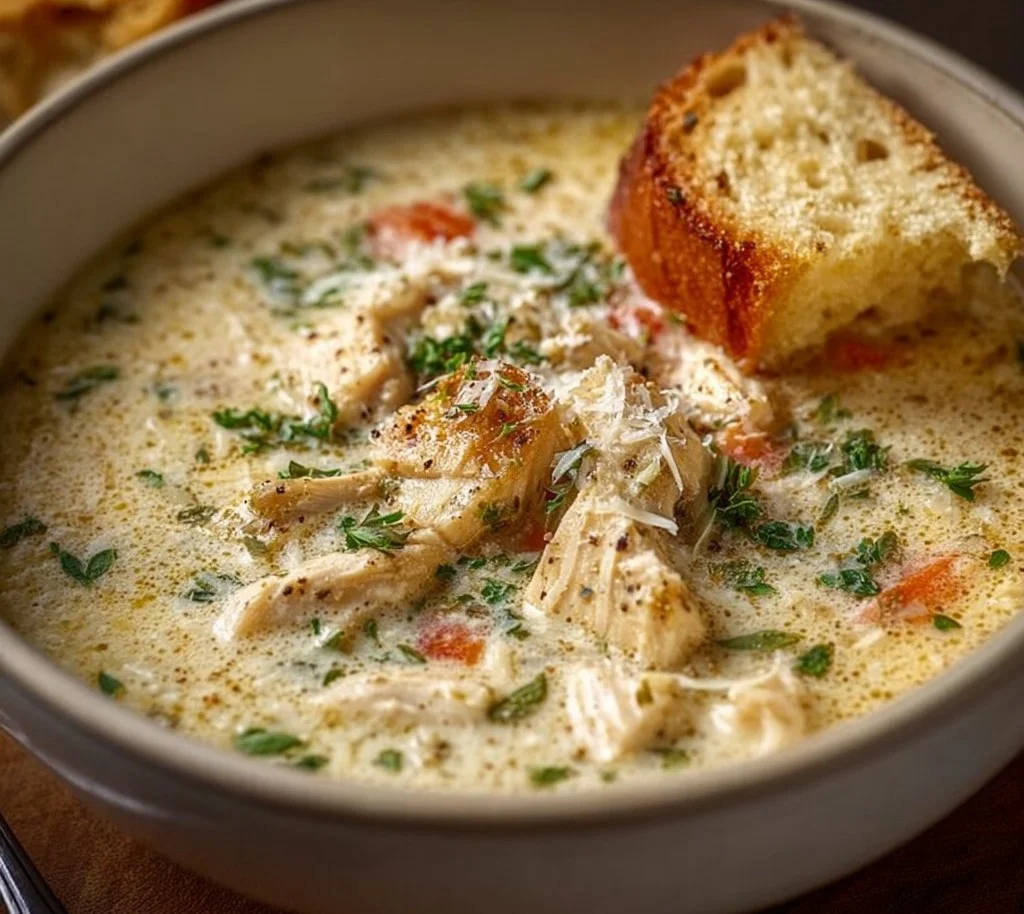 Bowl of Garlic Parmesan Chicken Soup garnished with herbs and cheese