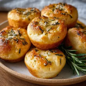 Freshly baked garlic rosemary focaccia muffins on a wooden table.