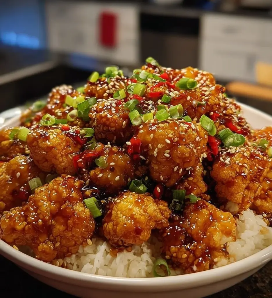 Delicious General Tso's Cauliflower Bowls served in a vibrant dish