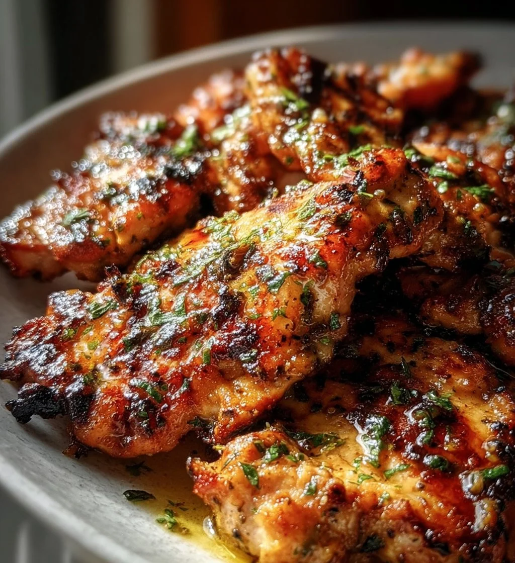 Greek yogurt marinated chicken dish garnished with herbs