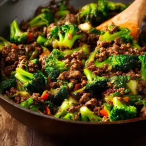 Ground Beef and Broccoli Stir Fry in a pan with fresh vegetables and sauce