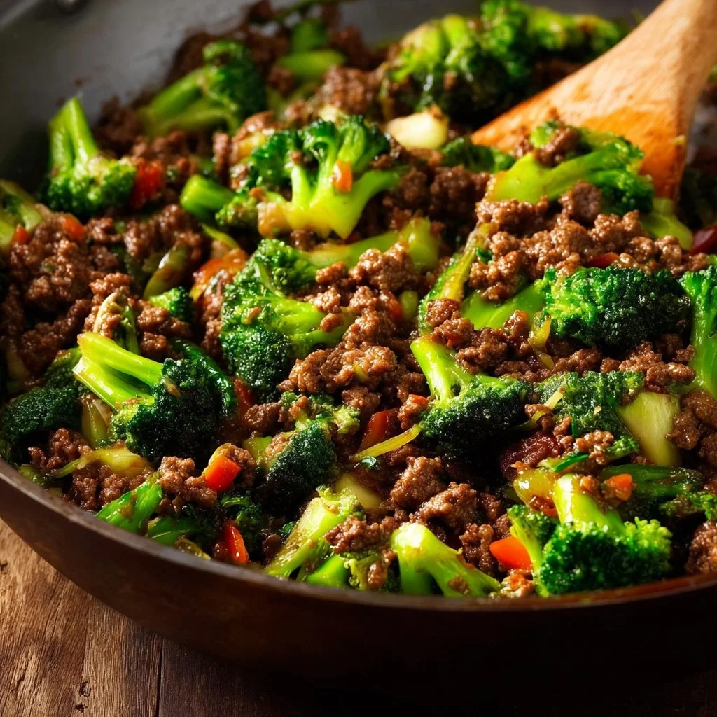 Ground Beef and Broccoli Stir Fry in a pan with fresh vegetables and sauce