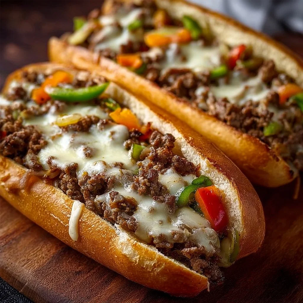Delicious Ground Beef Philly Cheesesteaks served with melted cheese on a sub roll