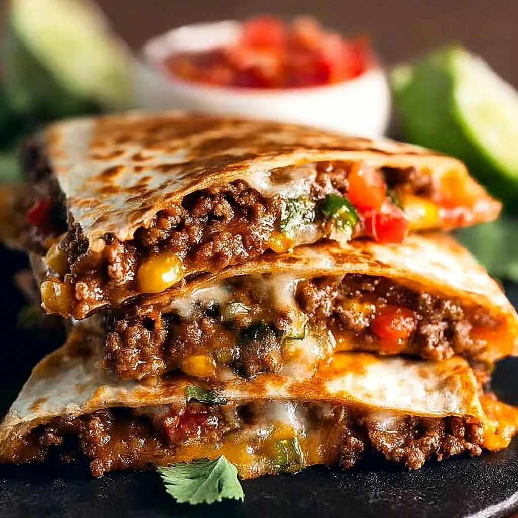 Cheesy ground beef quesadillas served with salsa and guacamole.