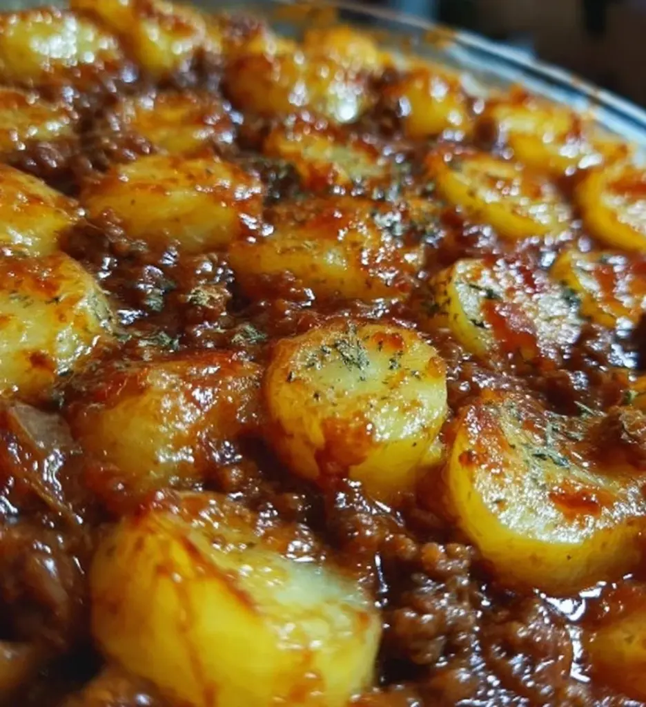 A savory Hamburger Potato Casserole topped with melted cheese and herbs