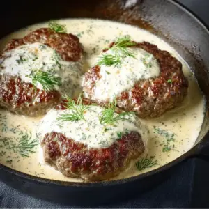 Juicy hamburger steaks served with creamy dill sauce on a plate.