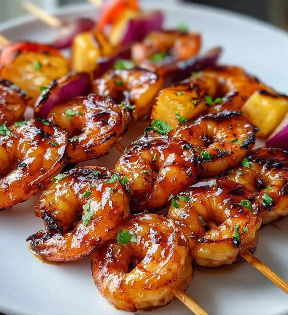Hawaiian Honey Shrimp skewers ready for grilling, featuring succulent shrimp and tropical flavors.
