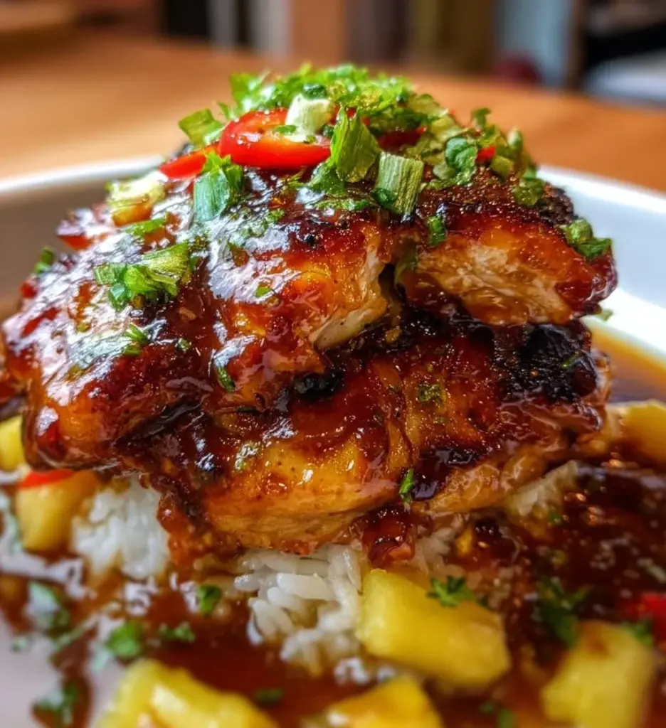 Delicious Hawaiian Turn Turn Chicken Stack served on a plate with garnishes