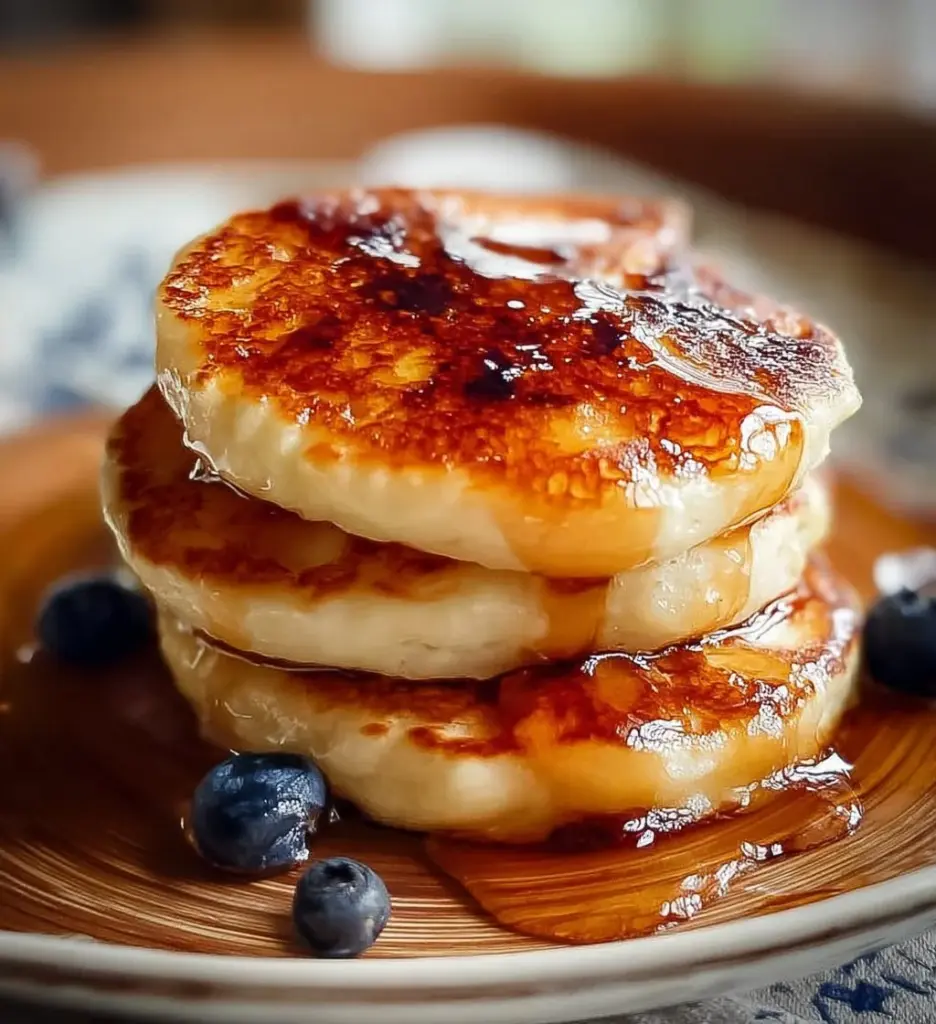Stack of healthy cottage cheese pancakes topped with fresh fruits