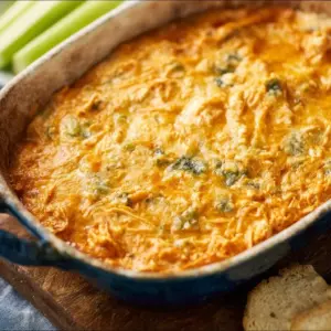 Healthy Buffalo Chicken Dip served in a bowl with fresh veggies