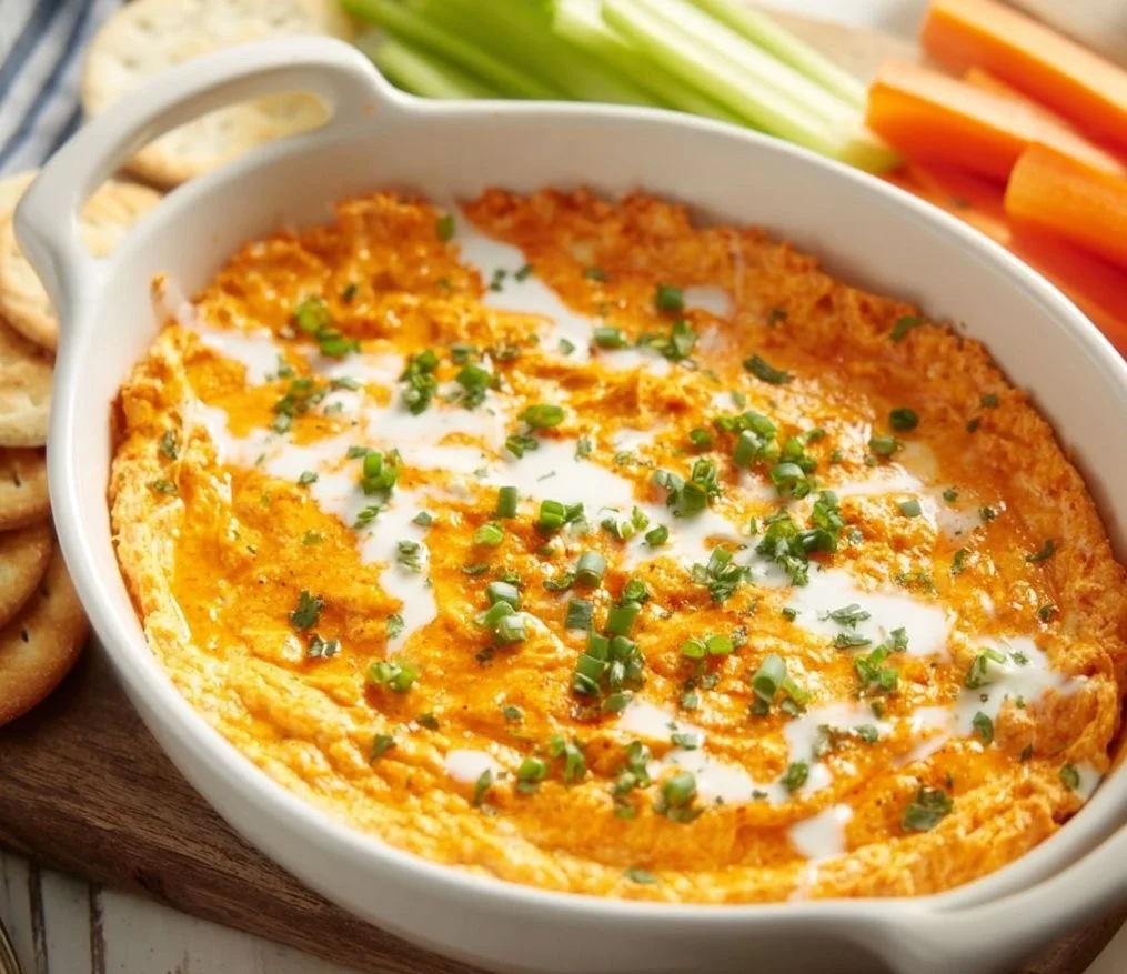 Healthy cottage cheese buffalo chicken dip served in a bowl with veggies