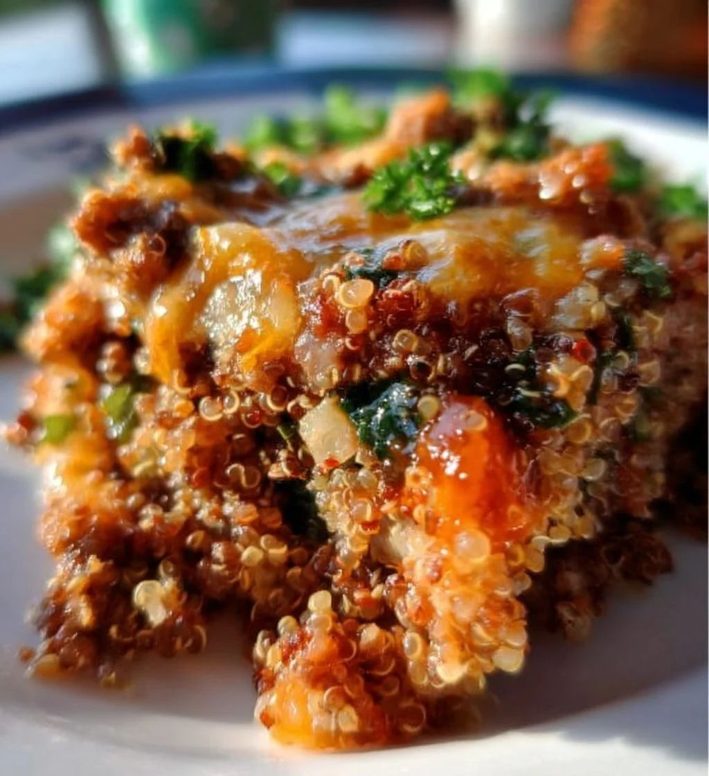 Healthy quinoa casserole with colorful vegetables and cheese topping