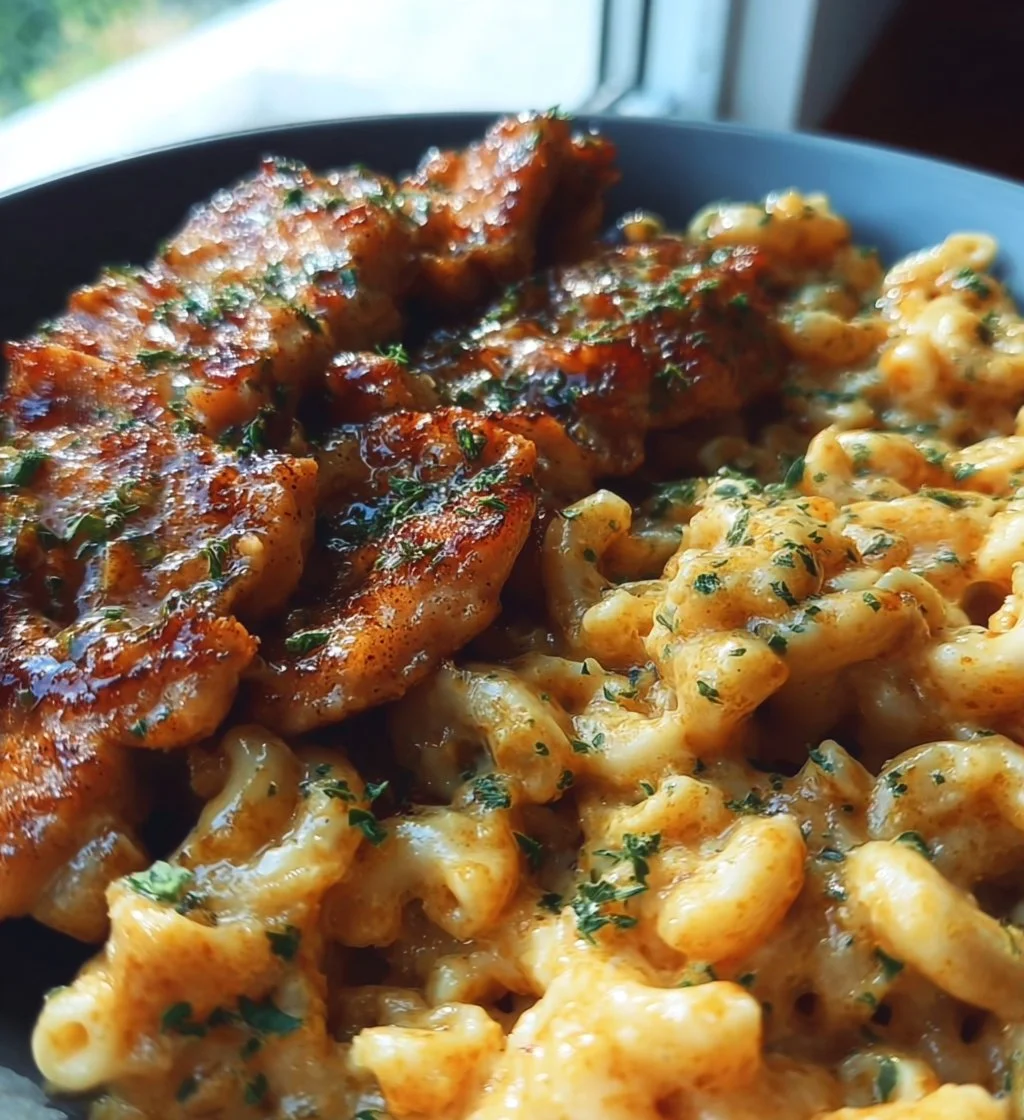 High-protein honey garlic butter chicken served with creamy mac and cheese.