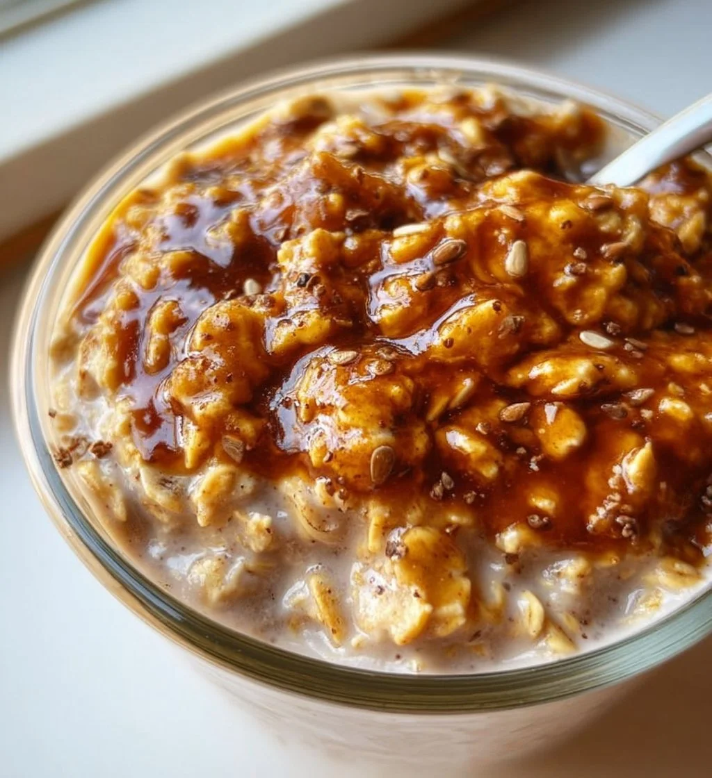 High protein overnight oats topped with fresh fruits and nuts in a bowl
