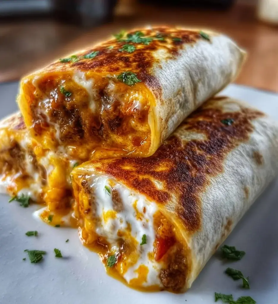 Homemade grilled cheese burrito with melted cheese and crispy tortilla