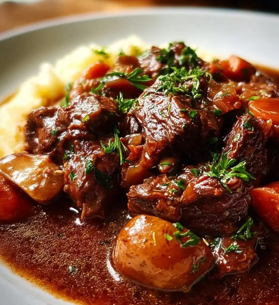 Homemade Instant Pot Beef Bourguignon served in a bowl